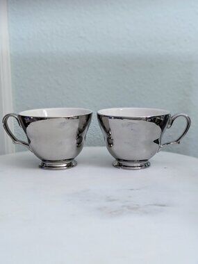 Set of 2 Silver Porcelain Tea Cups